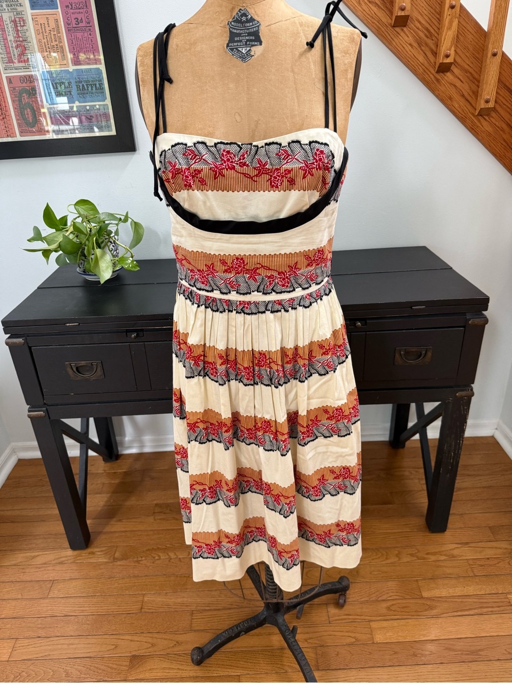 Betsey Johnson Cream Midi Dress with Red & Black Print